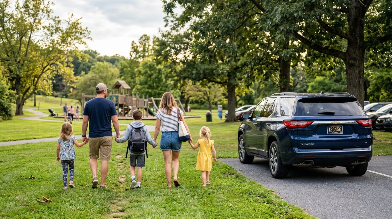 Family of five holding hands walking through a park past a dark blue Chevrolet Traverse SUV. (Representative image for illustration purposes only. Actual vehicle may vary based on trim and configuration.)