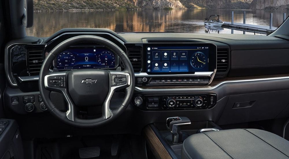 The black dash in a 2022 Chevy Silverado 1500 at a 2022 Chevy Silverado 1500 dealer.