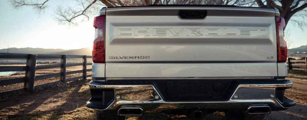 Back view of a 2022 silver Chevy Silverado.