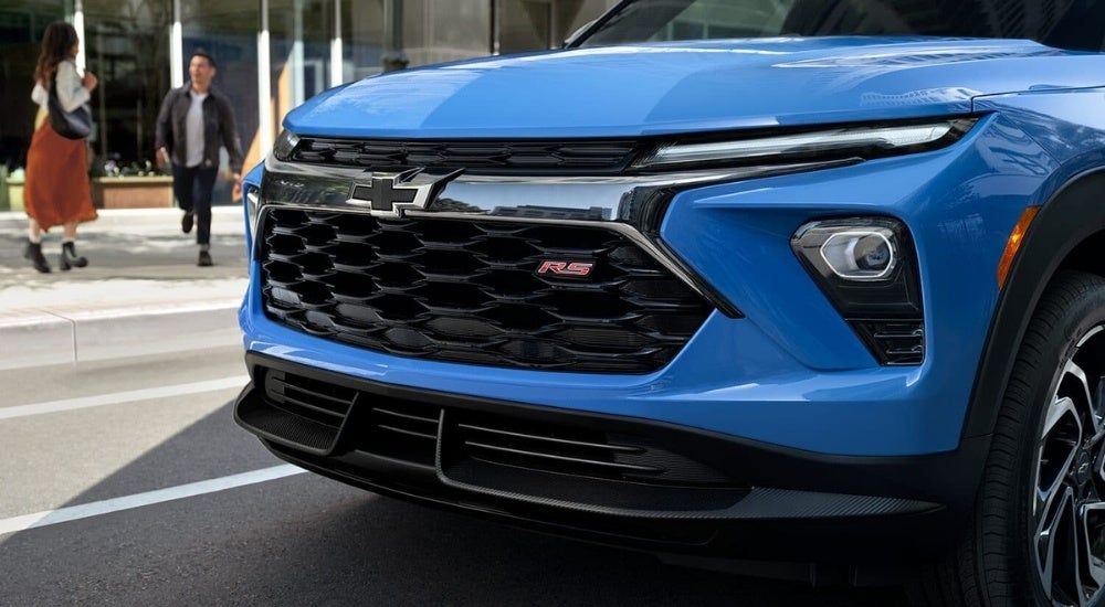 Front end of a blue 2024 Chevy Trailblazer RS.