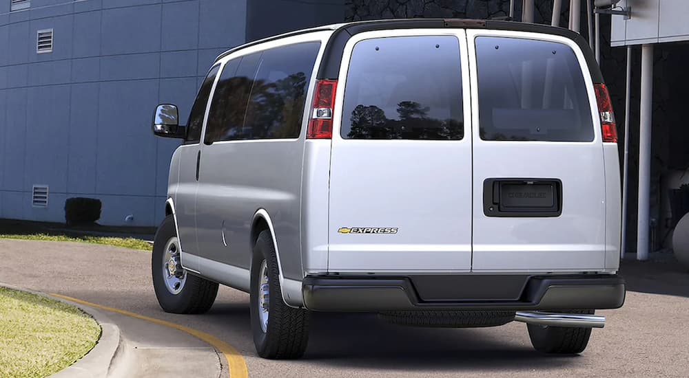 Rear of a silver 2022 Chevy Express van.