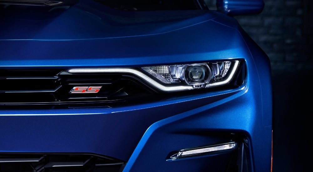 A close-up of the front of a 2023 Chevy Camaro SS after leaving a Chevrolet Camaro dealer.