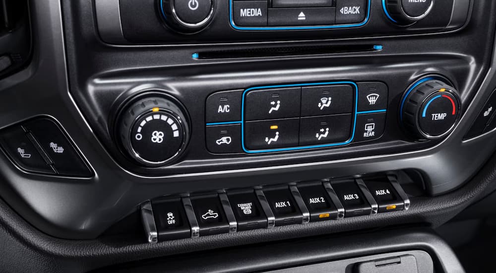 The infotainment buttons on a 2025 Chevy Silverado 5500HD.