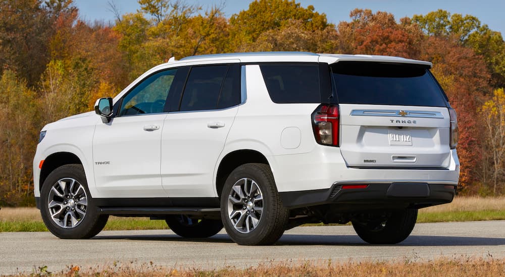 A white 2022 Chevy Tahoe from the rear.