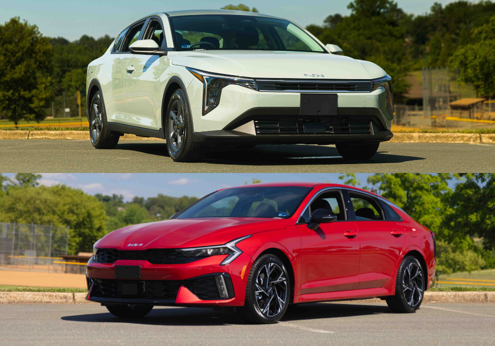 White Kia K4 pictured above a red Kia K5. Both sedans are parked with trees in the background,