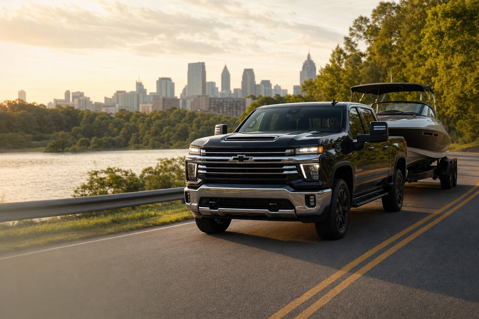 Silver 2026 Chevy Silverado towing a camper through North Georgia mountain terrain at golden hour.