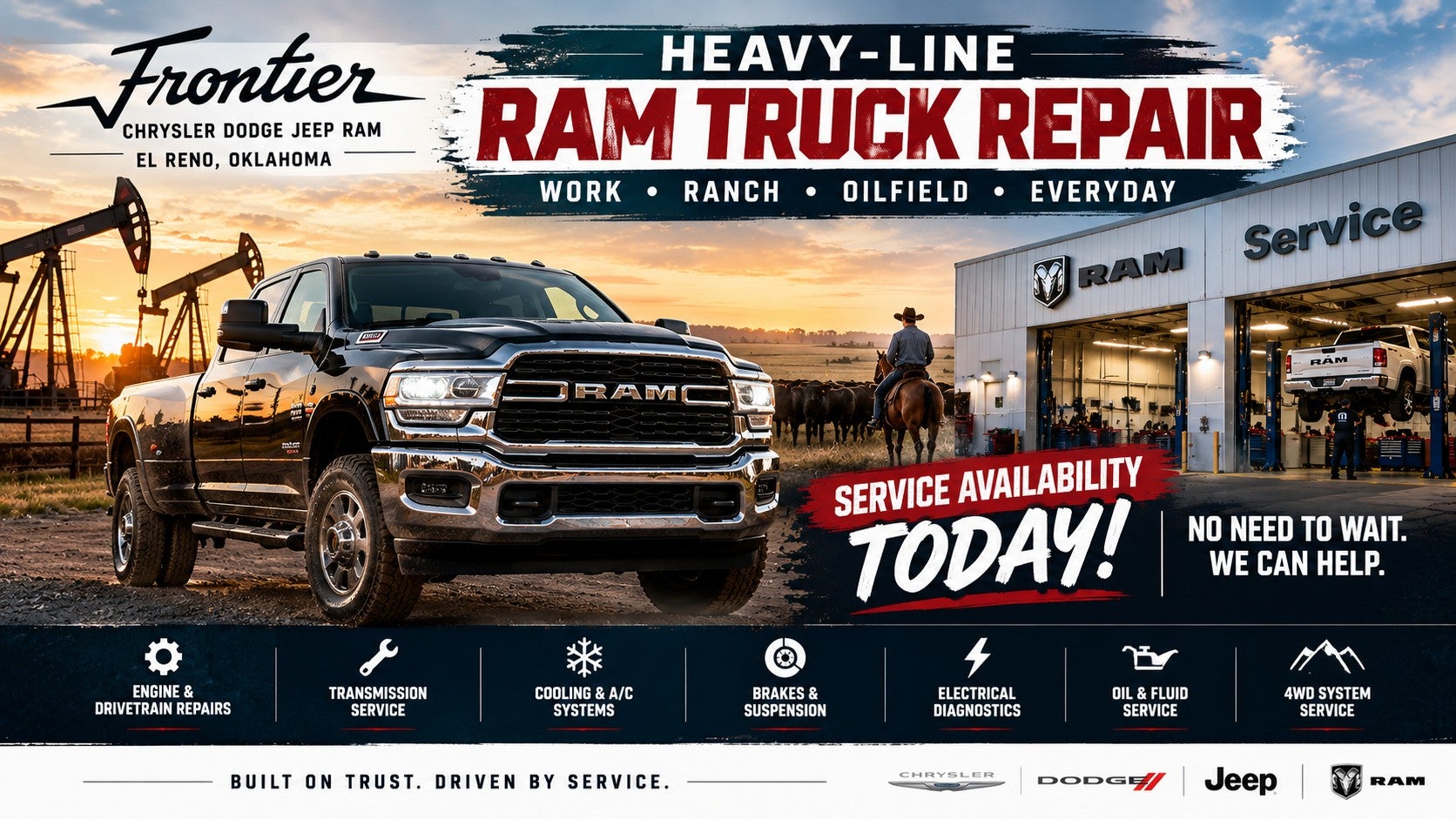 Heavy-line Ram truck repair with service availability at Frontier CDJR in El Reno Oklahoma for work ranch and oilfield trucks