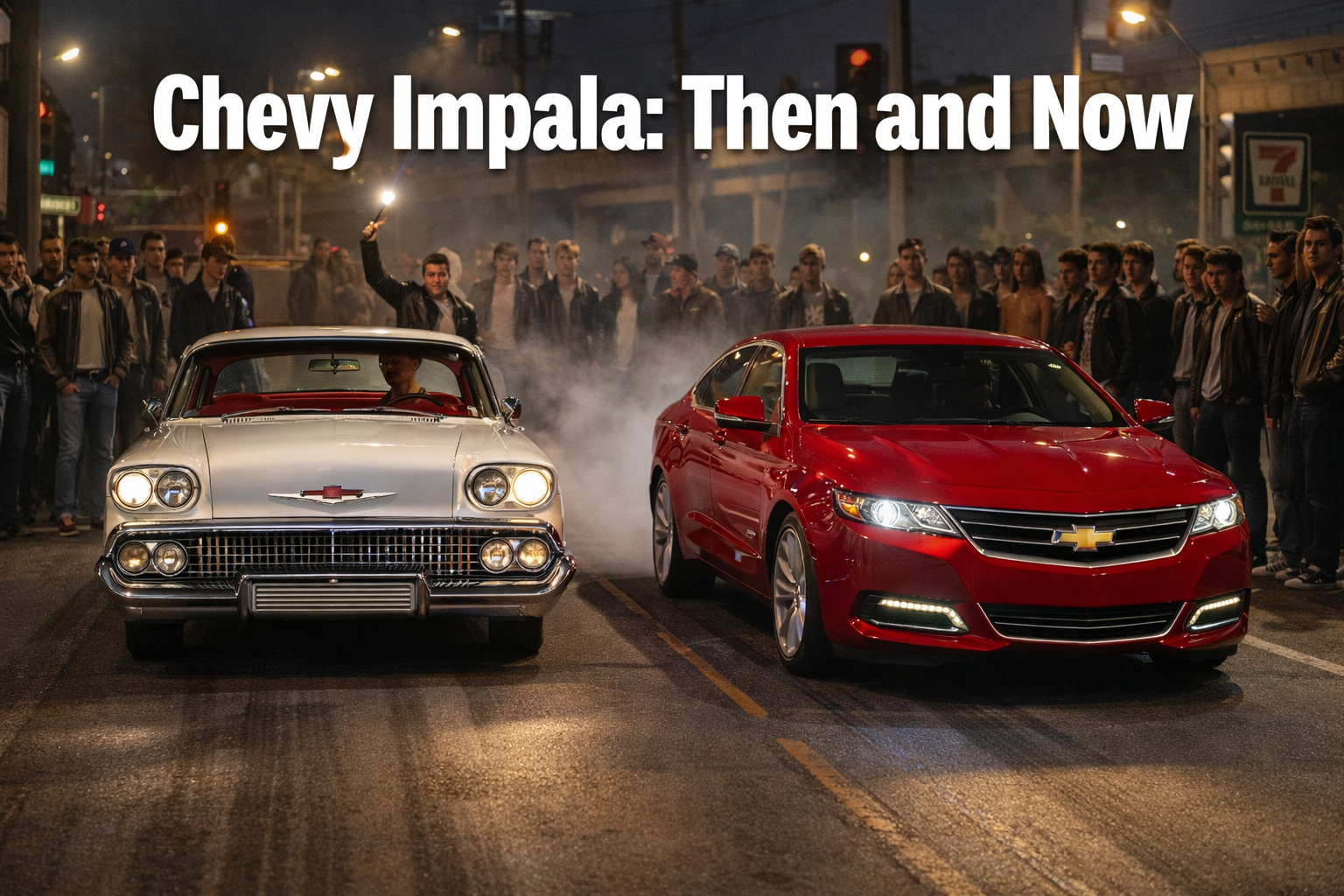 A 1958 Chevy Impala racing a 2020 Chevy Impala with people in the background