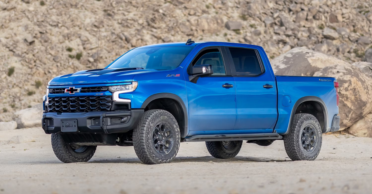 2025 Chevrolet Silverado 1500 Bison edition in blue exterior parked on a dirt road