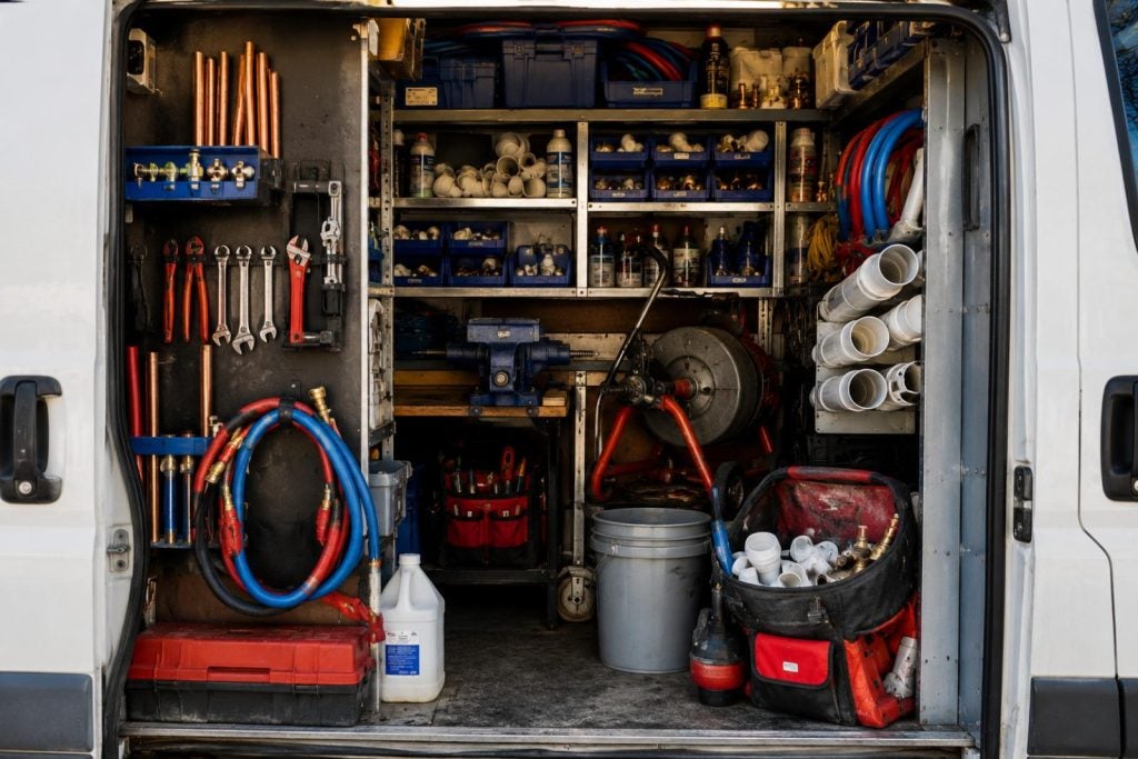 Shelving, Ladder Racks, and Toolboxes in a commercial fleet vehicle