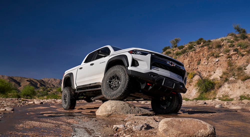 A white 2025 Chevy Colorado ZR2 Bison from the front after leaving a Chevy dealer near Jonesville.