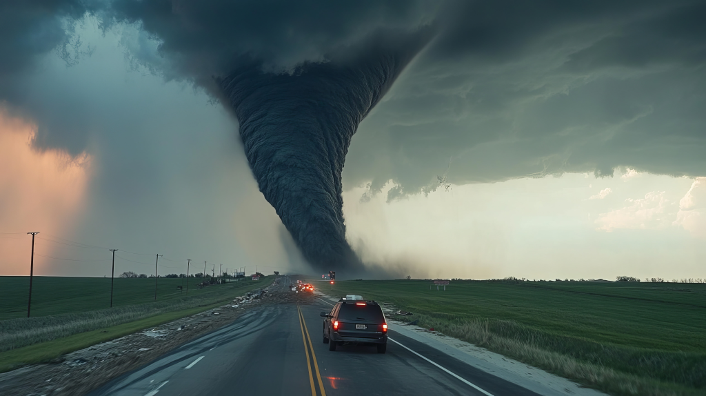 Tornado looming in the distance near a highway in the midwest with cars on the road