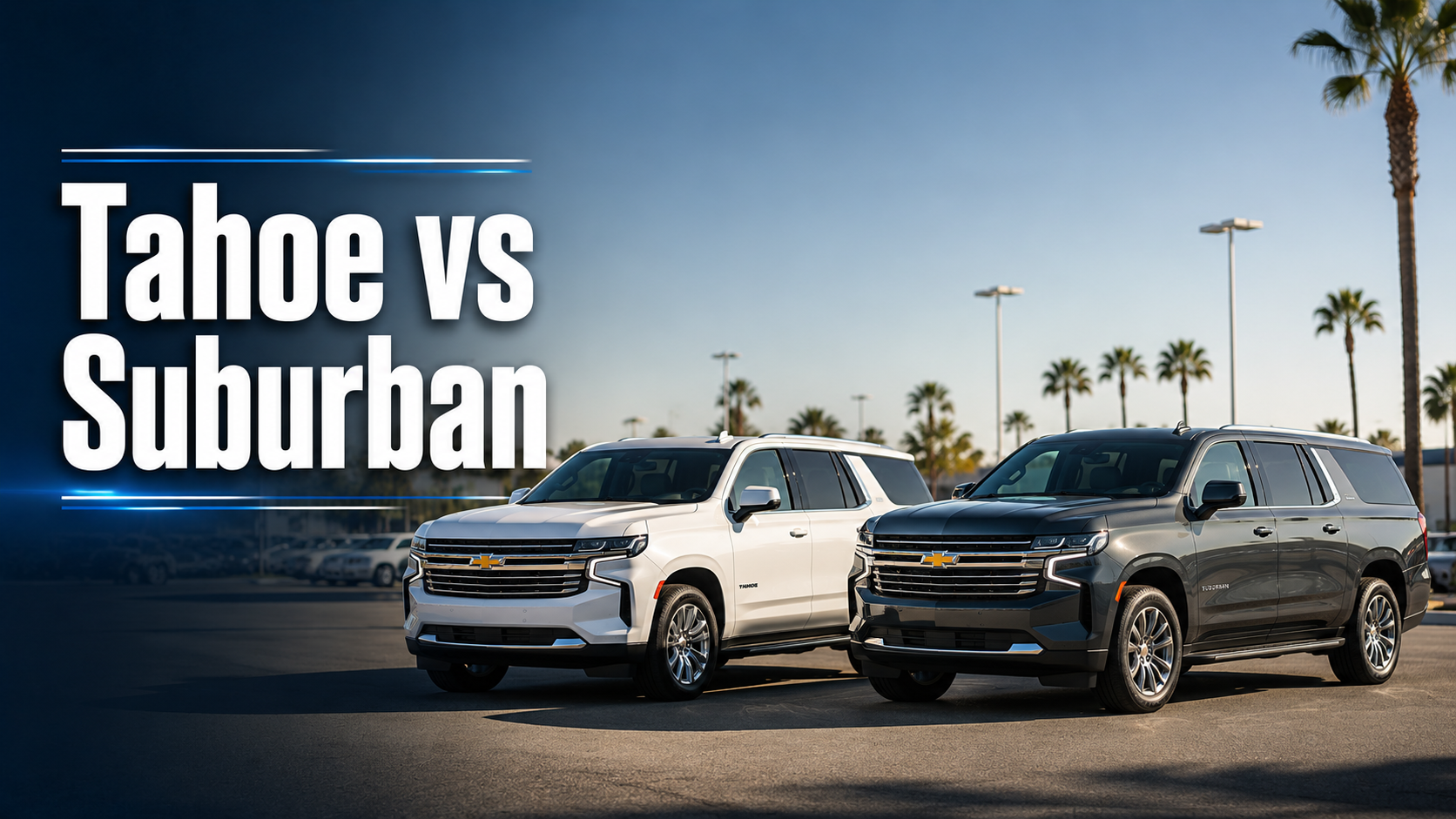 Chevy Tahoe vs Suburban full-size SUVs parked side by side at Bob Stall Chevrolet in La Mesa CA