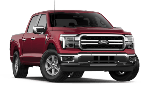 2026 Ford F-150 Lariat in Ruby Red Metallic in three quarter angle.