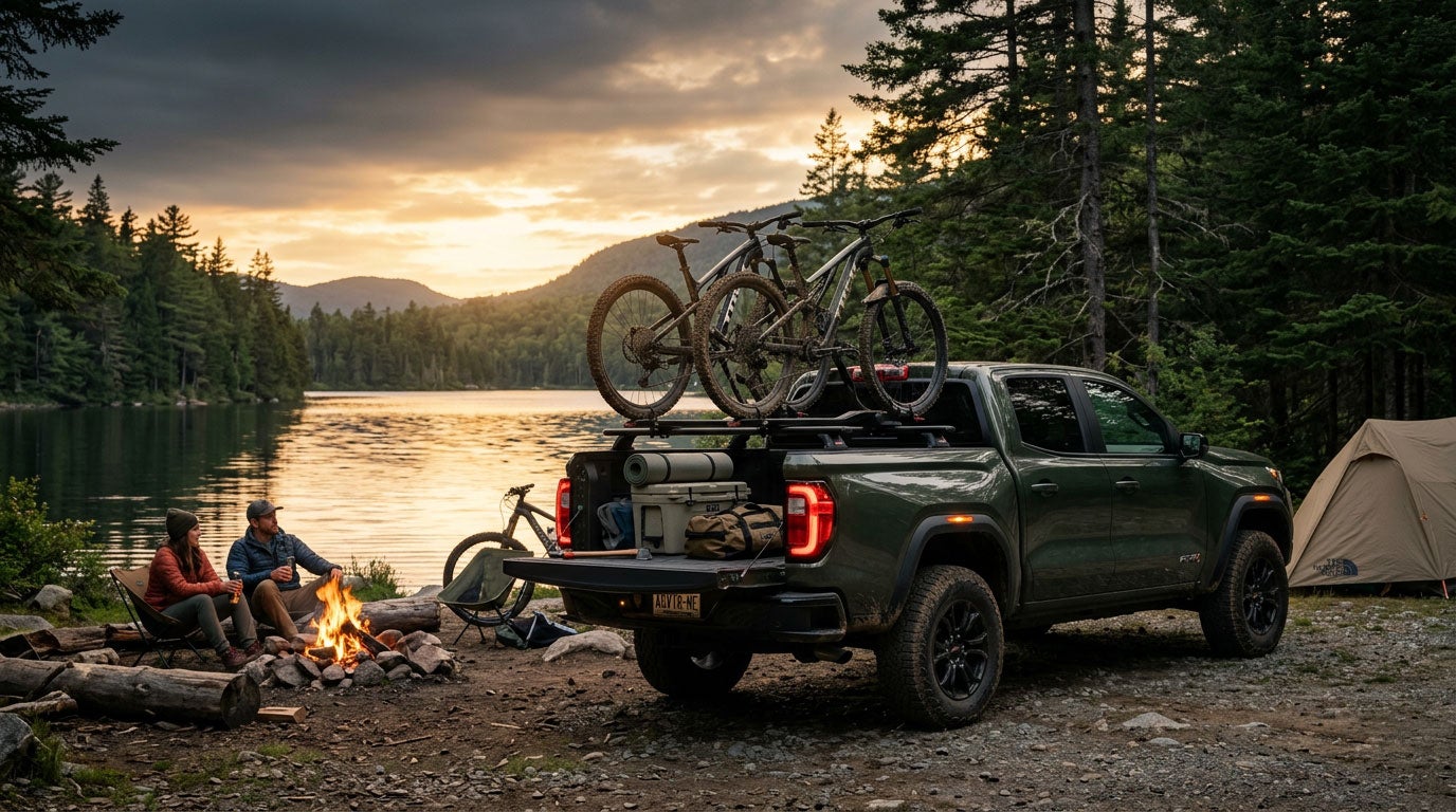 2026 GMC Canyon loaded with gear at a Maine campsite