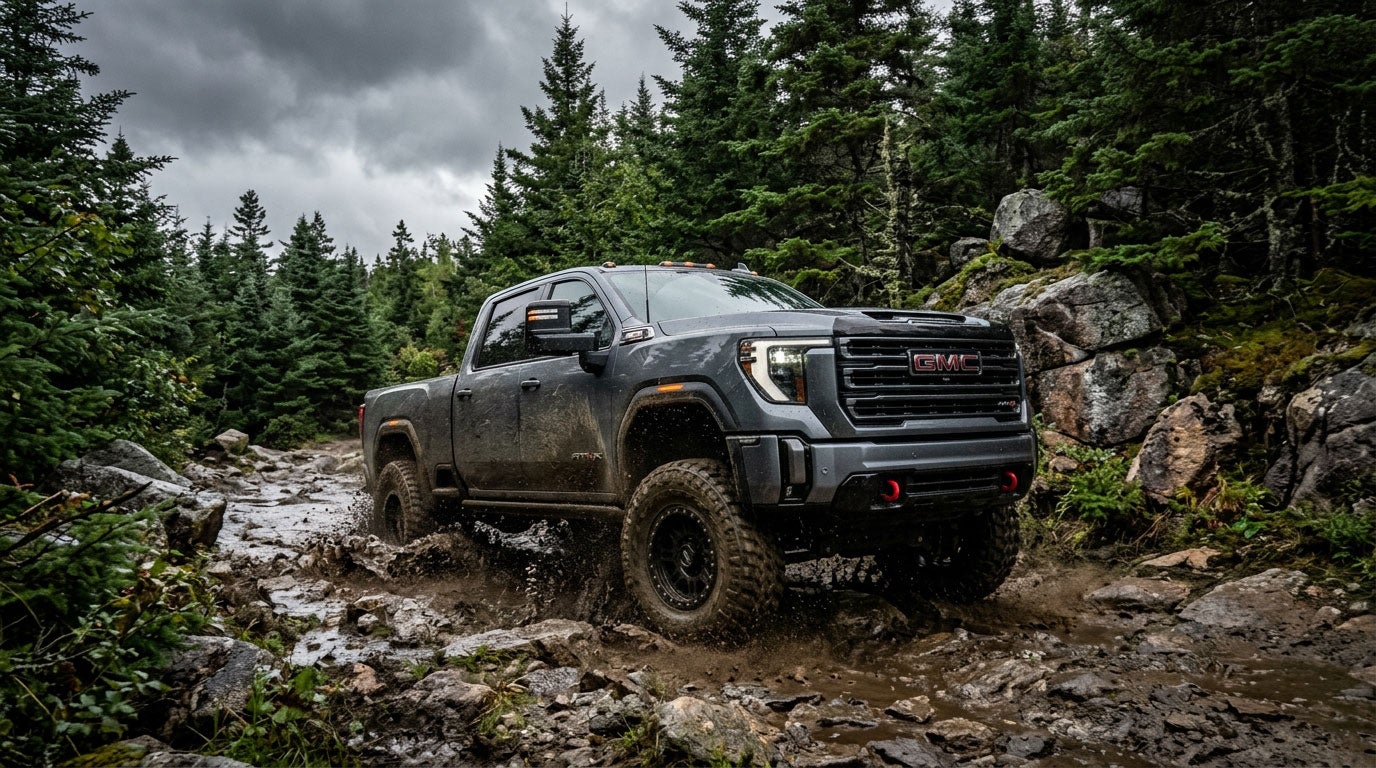 Lifted GMC Sierra 2500HD AT4X on a muddy Maine backcountry trail
