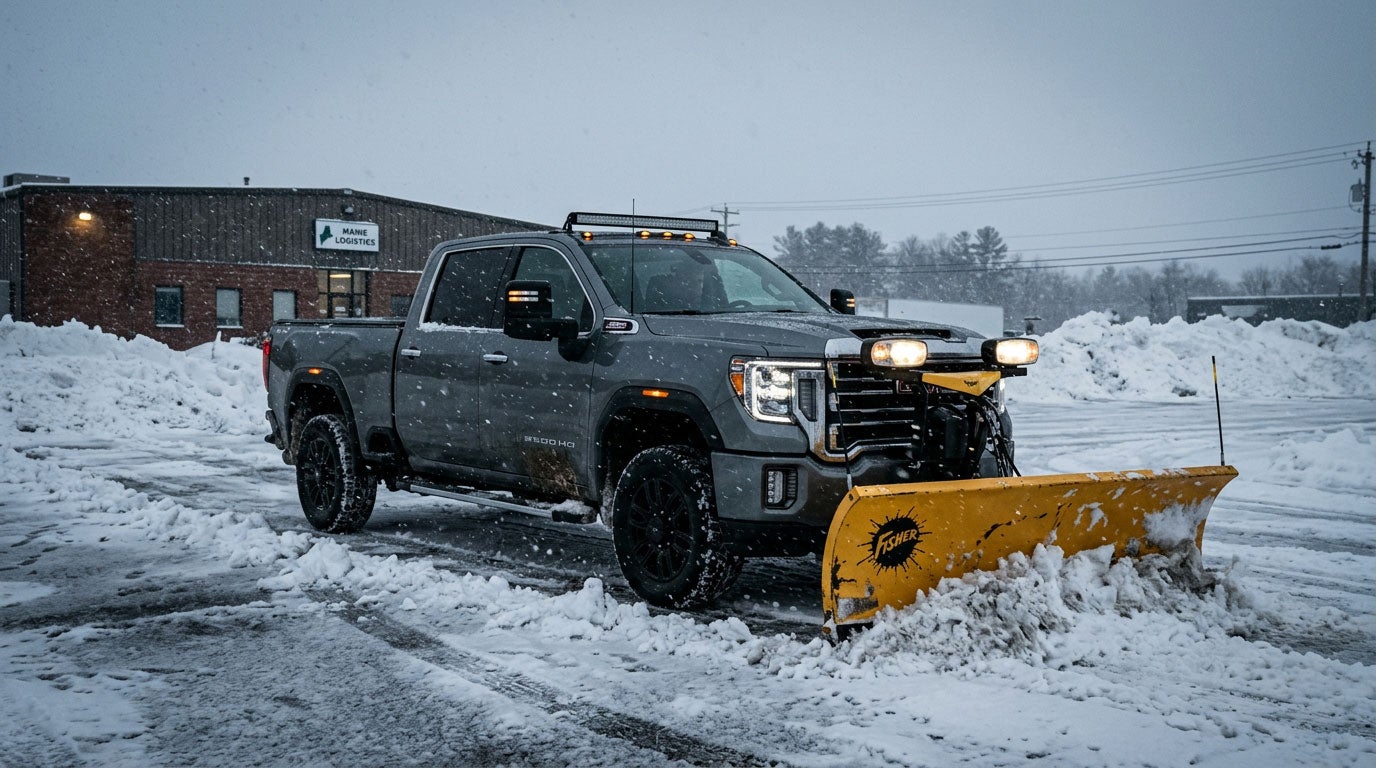 GMC Sierra 2500HD with a Fisher plow in a Maine winter