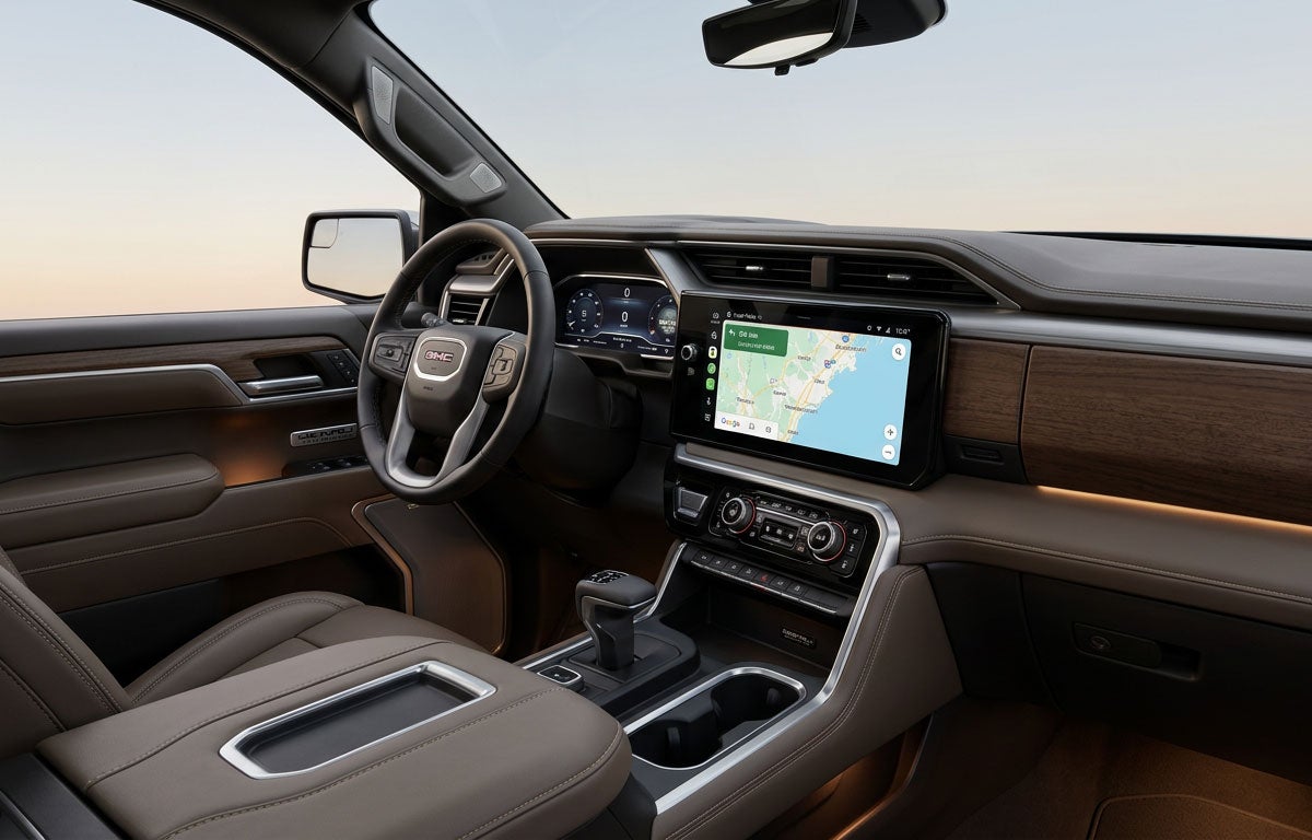 2026 GMC Sierra 1500 Denali Ultimate interior with heated seats, heated steering wheel, and dual-zone climate control