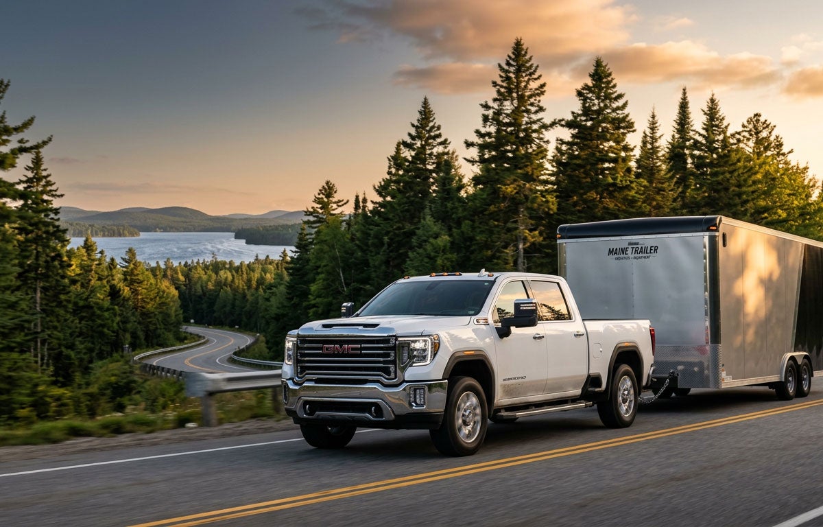 GMC Sierra 2500HD SLT towing an enclosed trailer in Maine