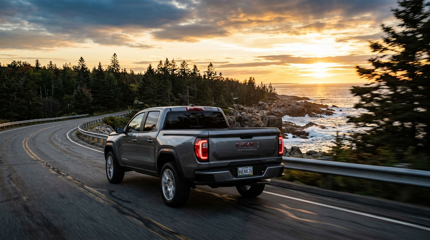 2026 GMC Canyon Denali on a Southern Maine coastal road