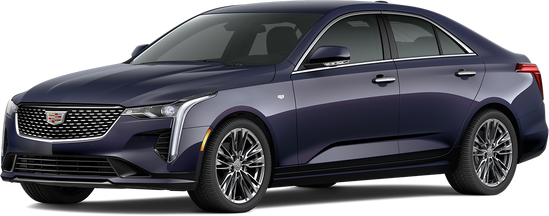 A sleek, dark blue luxury sedan is shown from a front-side angle. The car features sharp lines, a prominent grille, and shiny alloy wheels, conveying elegance.