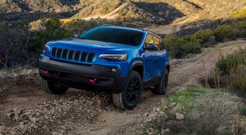 A blue 2019 Jeep Cherokee is off-roading up a steep trail.