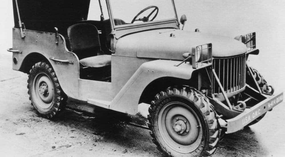 A black and white photo is showing a 1940 used Jeep Wrangler.