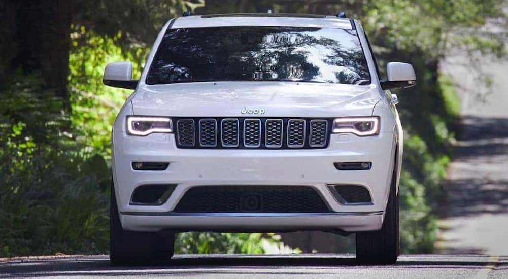 A white 2020 Jeep Grand Cherokee is shown from the front on a tree-lined road near Lexington, KY.