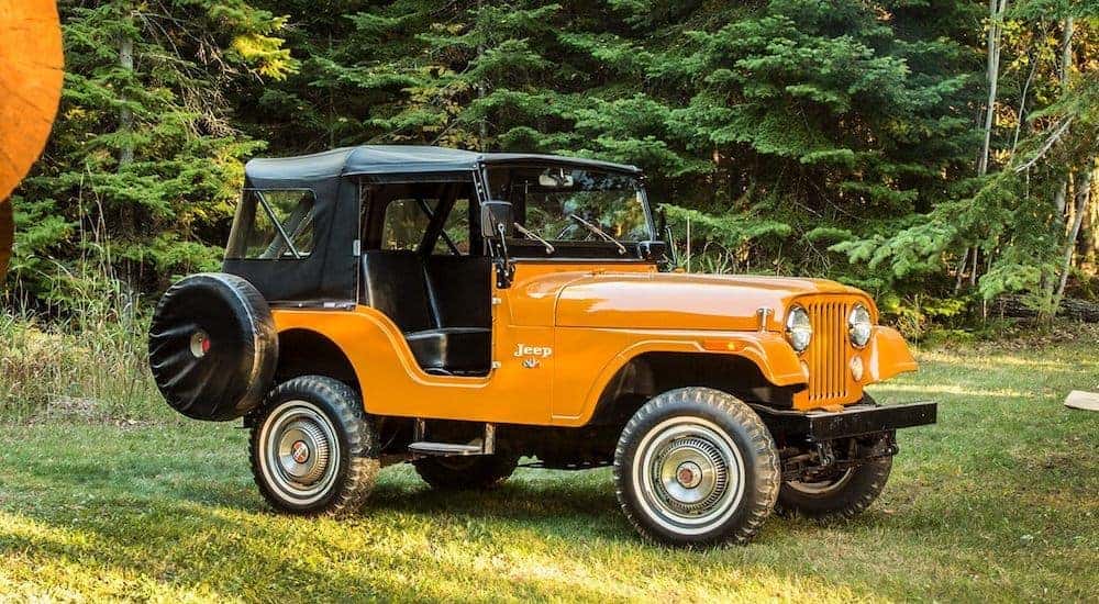 An orange 1955 Jeep CJ-5 is parked in the grass after leaving a Jeep Wrangler dealer near Lexington.