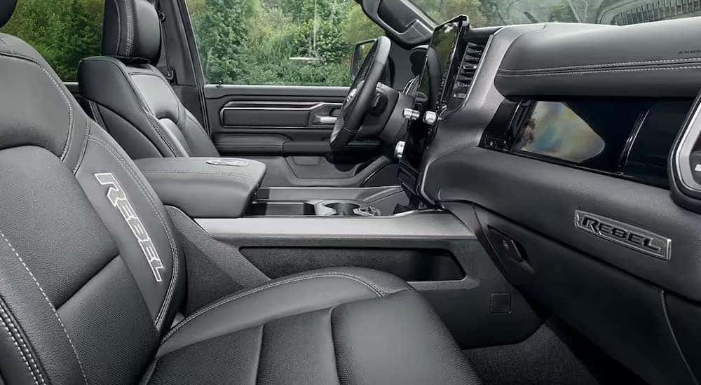 The black interior of a 2025 Ram 1500 Rebel.