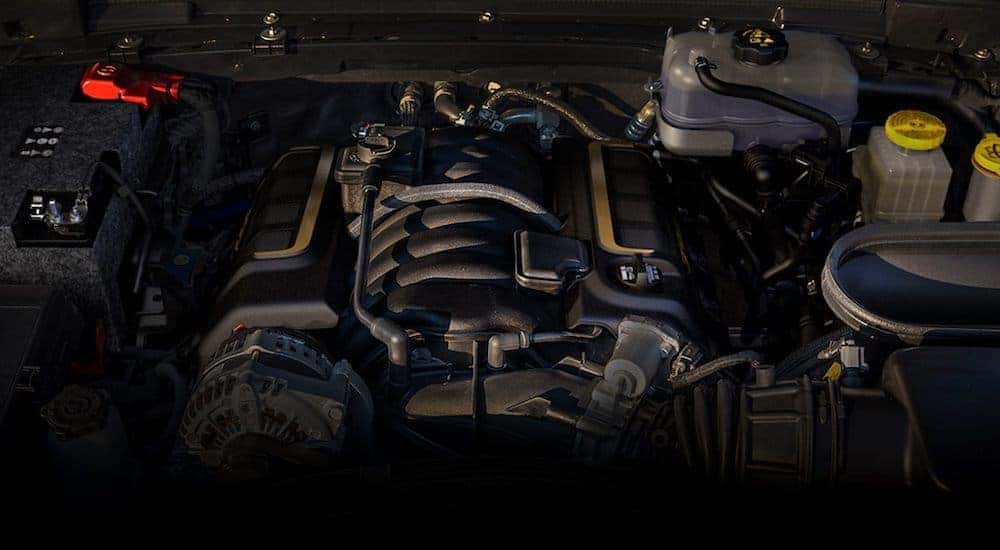 A close up is shown of the 2021 Jeep Wrangler Rubicon engine.