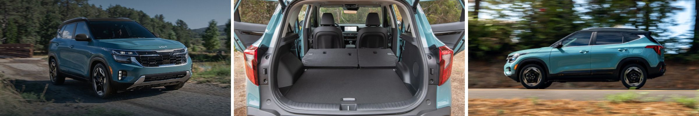 Three panels show a blue SUV. Left: SUV drives on a dirt road with mountains. Middle: Rear cargo area with seats folded. Right: SUV in motion on a paved road.