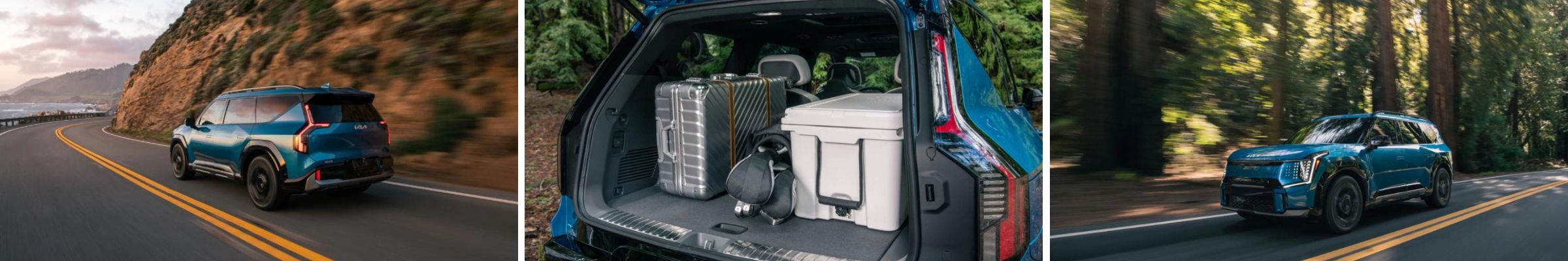 A blue SUV driving along scenic coastal and forest roads. The trunk is open, revealing luggage and supplies, conveying adventure and exploration.