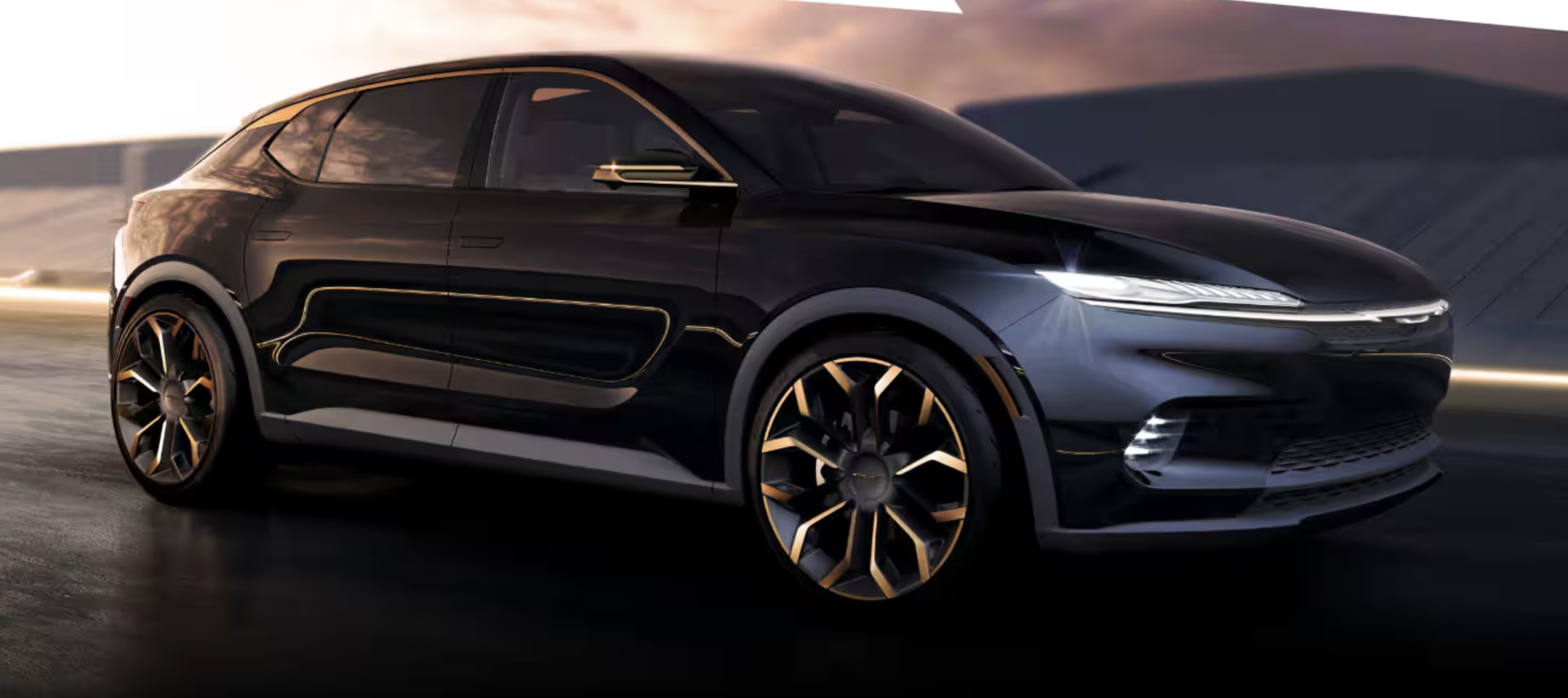 Side view of the sleek 2025 Chrysler Airflow electric SUV in Graphite with Copper trim