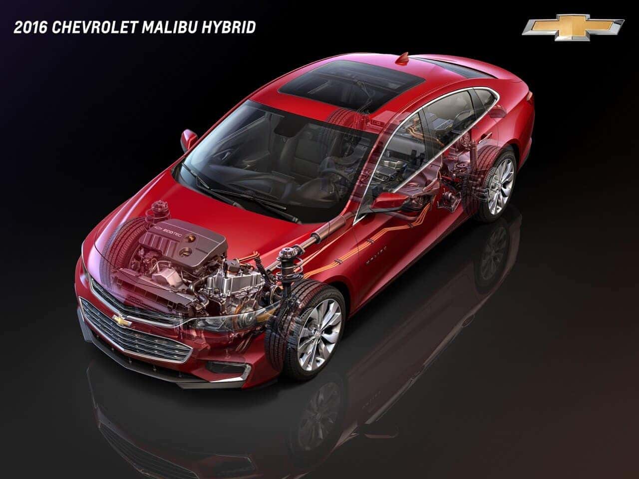 2016 Chevrolet Malibu hybrid illustration with drivetrain showing, including engine and other parts