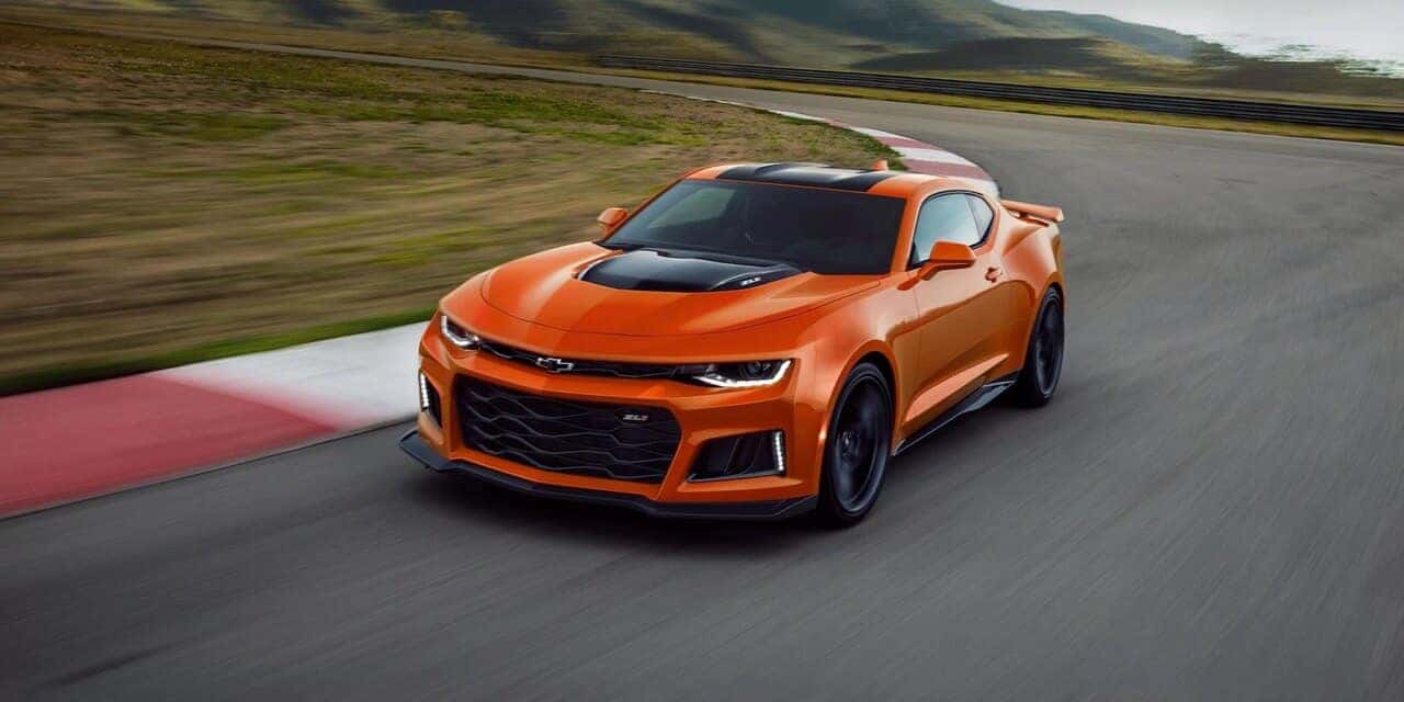 orange2023 Chevy Camaro ZL1 on race track