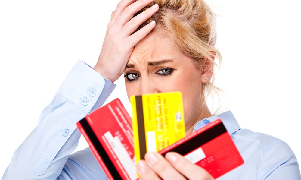 Money Debt Worries, Attractive Young Woman Holding Credit Cards