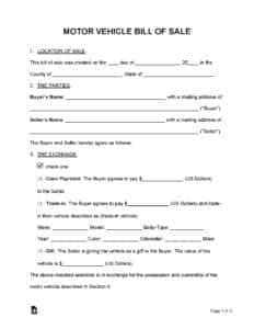 Motor Vehicle Bill of Sale