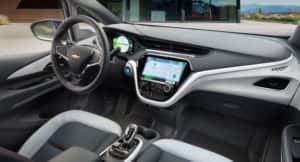 The interior of the 2017 Chevrolet Bolt EV,inlcuding the infotainment system, driver center, and center console