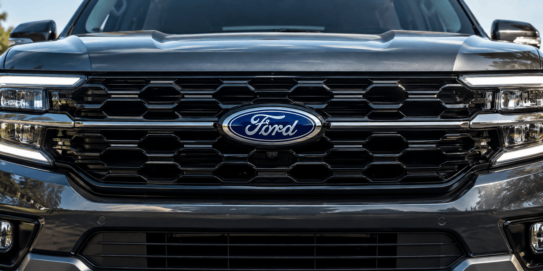Close-up of blue Ford oval on SUV grille