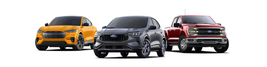 Three cars are displayed: a yellow sedan, a gray SUV, and a red pickup truck. They are shown side by side on a white background, highlighting diverse models.