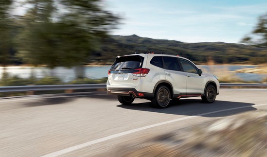 white Subaru turning on a rural road in the summer