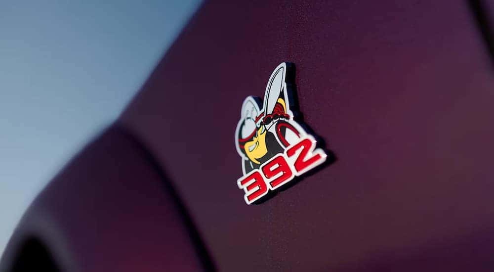 A close up shows the badge of a purple 2023 Dodge Challenger Scat Pack Wide Body.