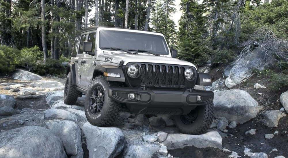 A silver 2020 Jeep Wrangler Willys Unlimited is shown parked off-road.