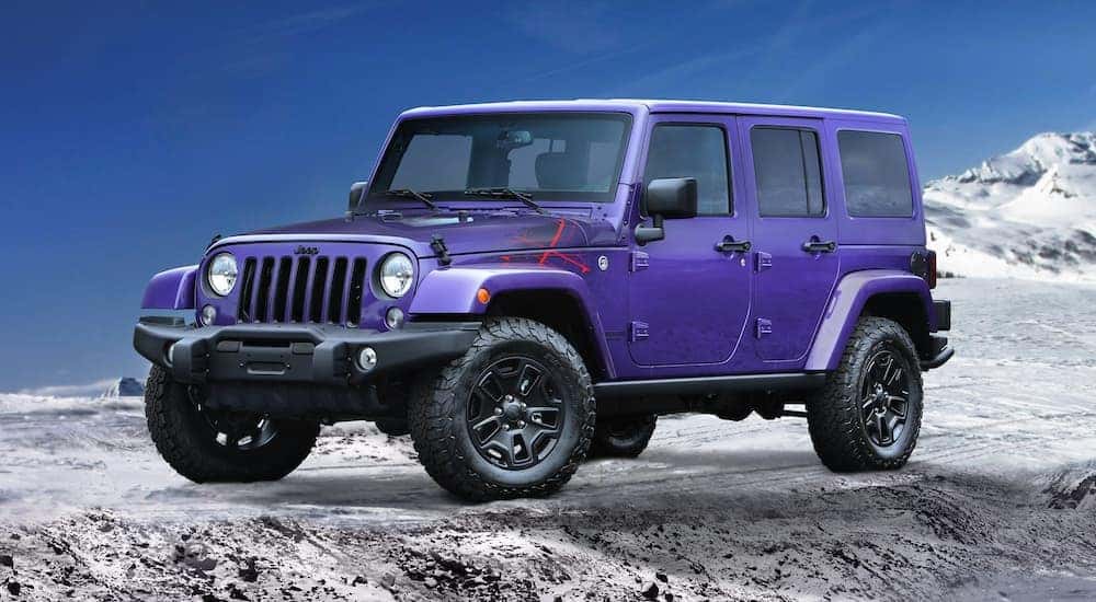 A purple 2016 used Jeep Wrangler Unlimited Backcountry id parked on a snowy mountaintop.