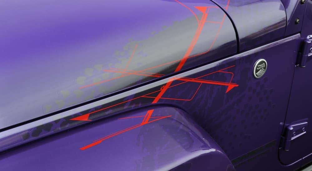 The design on the fender of a purple 2016 Jeep Wrangler Backcountry is shown in closeup.