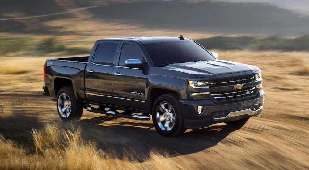 A black 2018 Chevy Silverado 1500 is driving in a field.