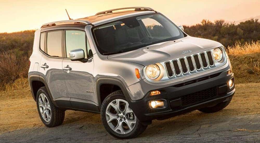 A grey 2019 Jeep Renegade is parked on the side of a hill.