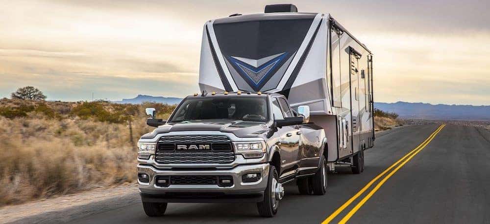 A 2020 RAM 3500 towing an RV trailer in Paris, KY