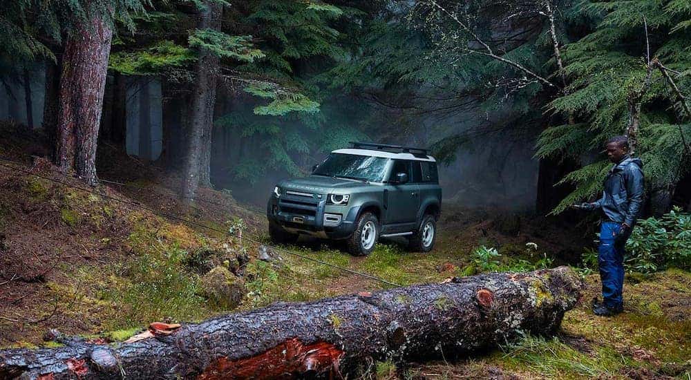 A green and white 2020 Land Rover Defender is shown parked next to a person and fallen tree.